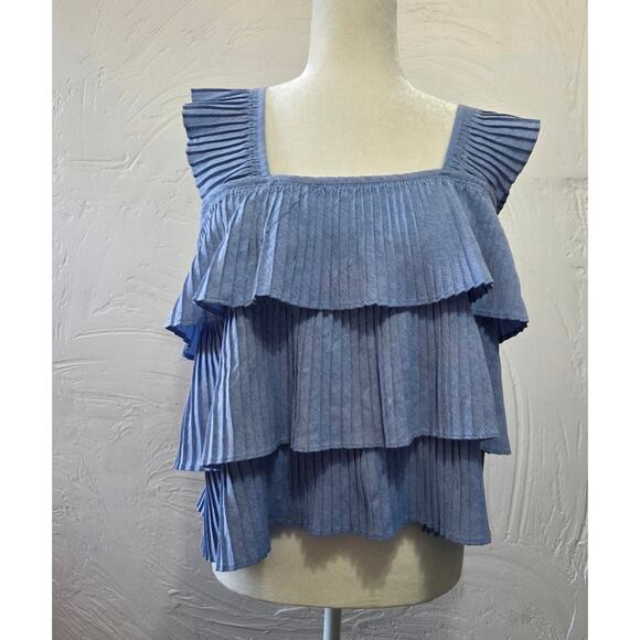 J. Crew  Ruffle Top blue Pleated Tiered Tank Top blouse Woman's Size Large - Picture 1 of 8